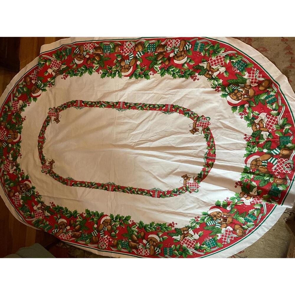 Festive Vintage Holiday Tablecloth with Christmas Bears and Holly Design